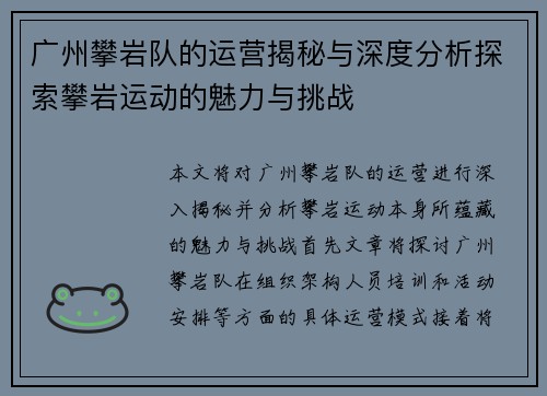 广州攀岩队的运营揭秘与深度分析探索攀岩运动的魅力与挑战