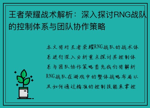 王者荣耀战术解析：深入探讨RNG战队的控制体系与团队协作策略